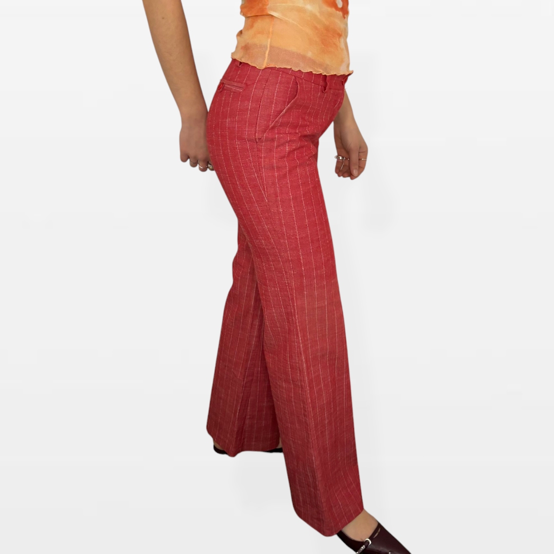 Pantaloni Vintage a Gamba Larga in Lino – Rosso a Righe Sottili