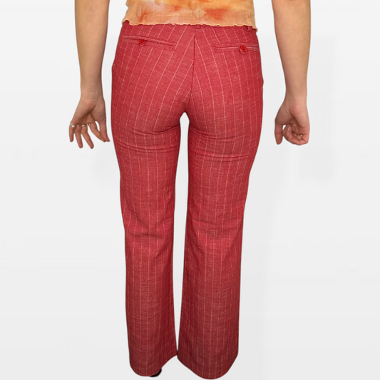 Pantaloni Vintage a Gamba Larga in Lino – Rosso a Righe Sottili