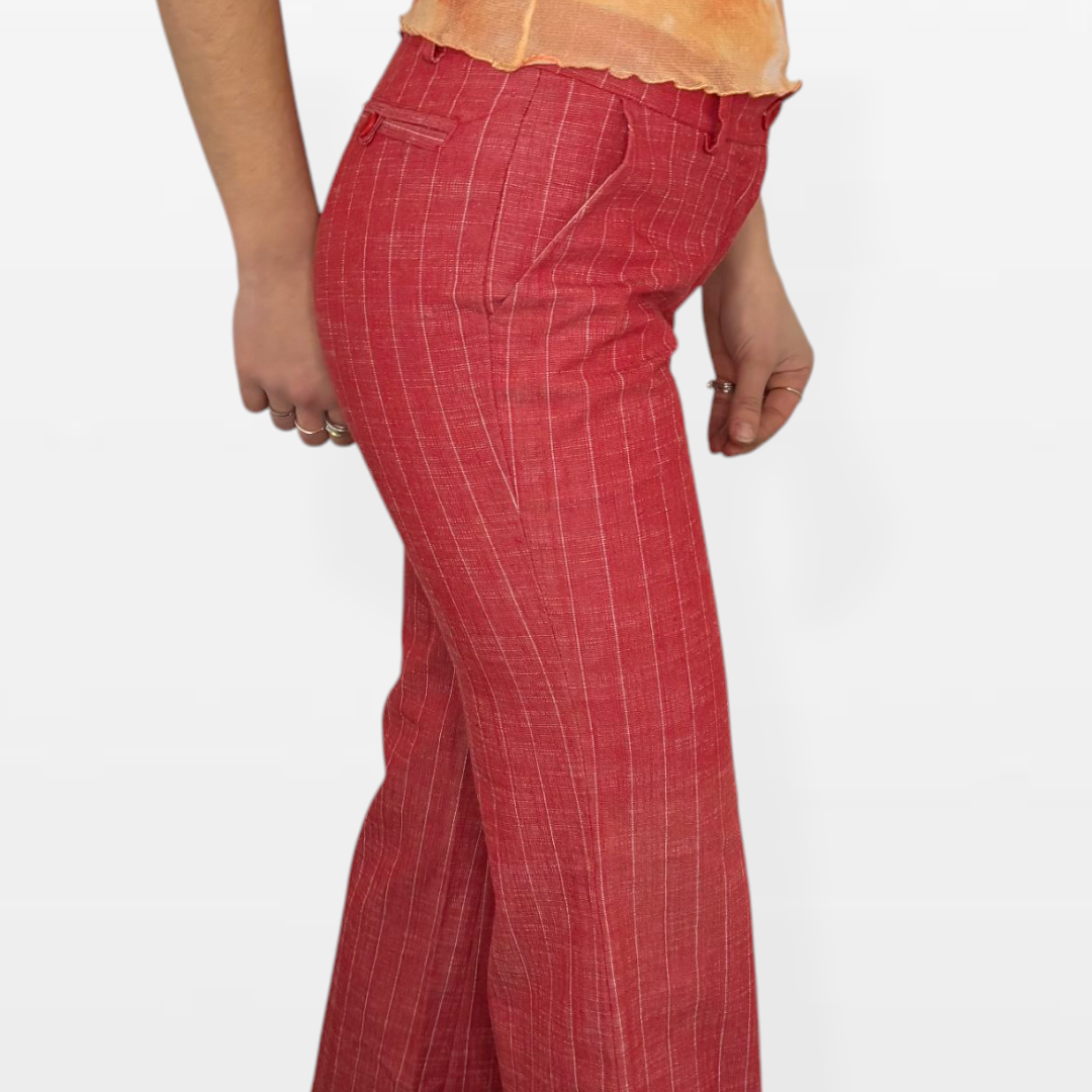 Pantaloni Vintage a Gamba Larga in Lino – Rosso a Righe Sottili